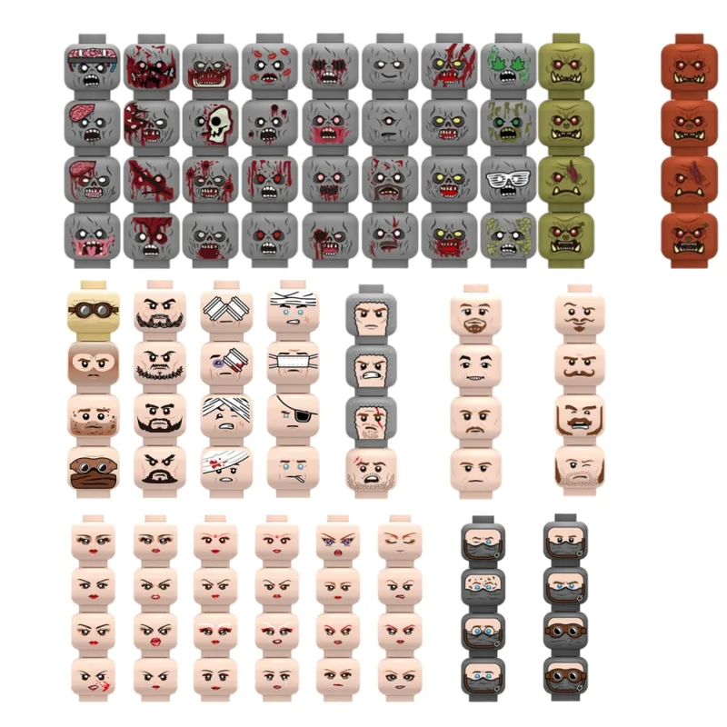 Lego Minifigure Holder - Verletzte Emotionale Gesichtsfiguren Bausteine, Armeesoldaten-Figuren, Zombie-Köpfe,