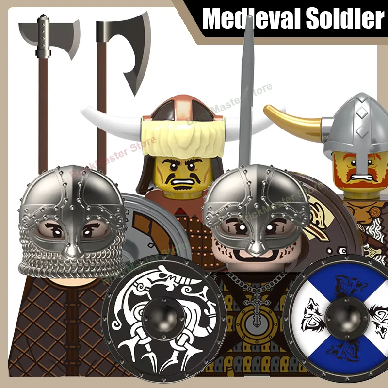 Lego Minifigure Holder - Mittelalterliche Militär-Wikinger-Krieger-Soldaten-Figuren Bausteine Burg Armee Rauber